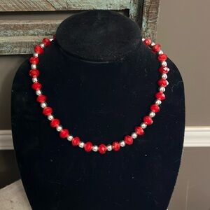 Dark Red & Silver Beaded Necklace